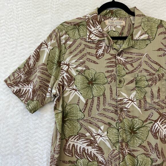 Island Republic Shirt Mens Large Green Tan Floral 100% Silk Hawaiian Vacation - Picture 4 of 12